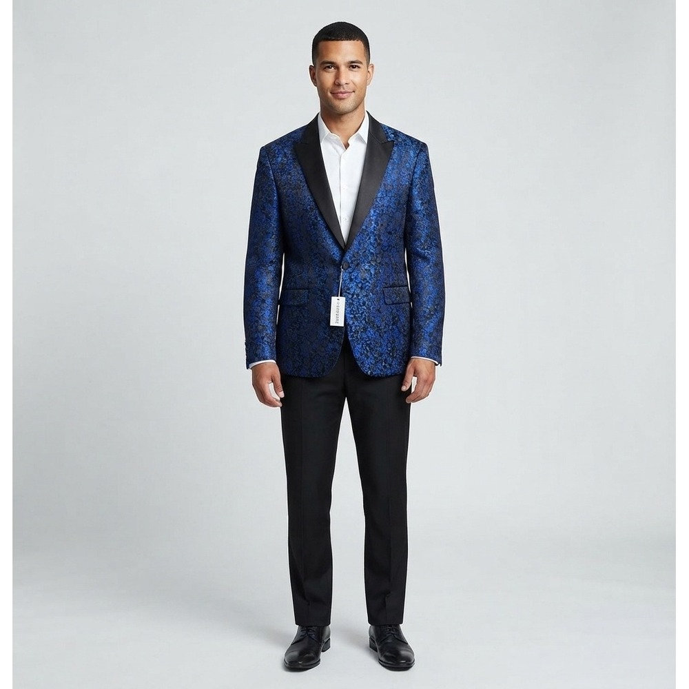 Coofandy Mens XXXL Blue Paisley Jacquard Tuxedo Jacket Satin Peak Lapel Blazer